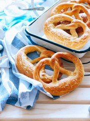 Homemade whole meal pretzels with sesame and salt