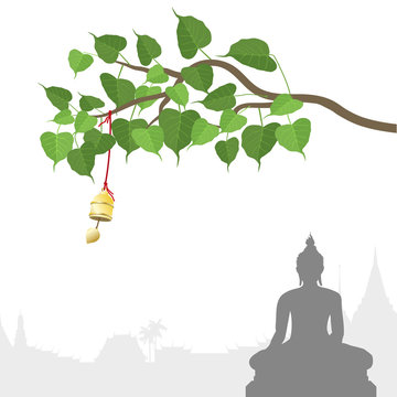 Buddha statue and Bodhi tree with Golden bell of thai tradition, Visakha Puja Day, vector illustration.