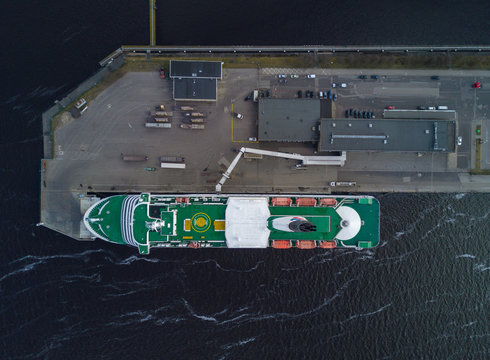 The passenger liner in the sea port terminal.  Aerial view. Rga.