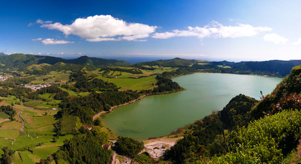 Aerial view to Furnas lake in Sao Migel, Azores, Portugal