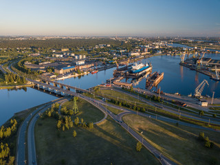 Fototapeta na wymiar The ship is at the dock of the shipyard. Riga, Latvia, Daugava.