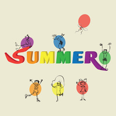 SUMMER. Children and a balloon.  Word and children. Drawing little children doodle with different poses on a light background.