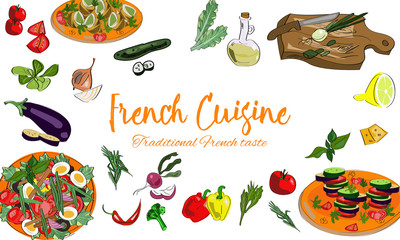 Hand drawn French cuisine background with dishes and drawn vegetables.