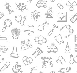 Medicine, white background, seamless, contour icons, vector. Medical services specialization. The profession of doctors. Medical instruments. Gray line drawings on a white field. Vector background.  