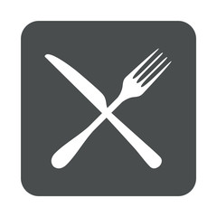 Icono plano cubiertos cruzados en cuadrado gris