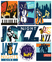 Naklejka premium Editable vector labels of jazz musicians in poster, shirt, sticker, flyer and others