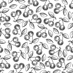 Hand drawn cherries seamless pattern - monochromic berries background