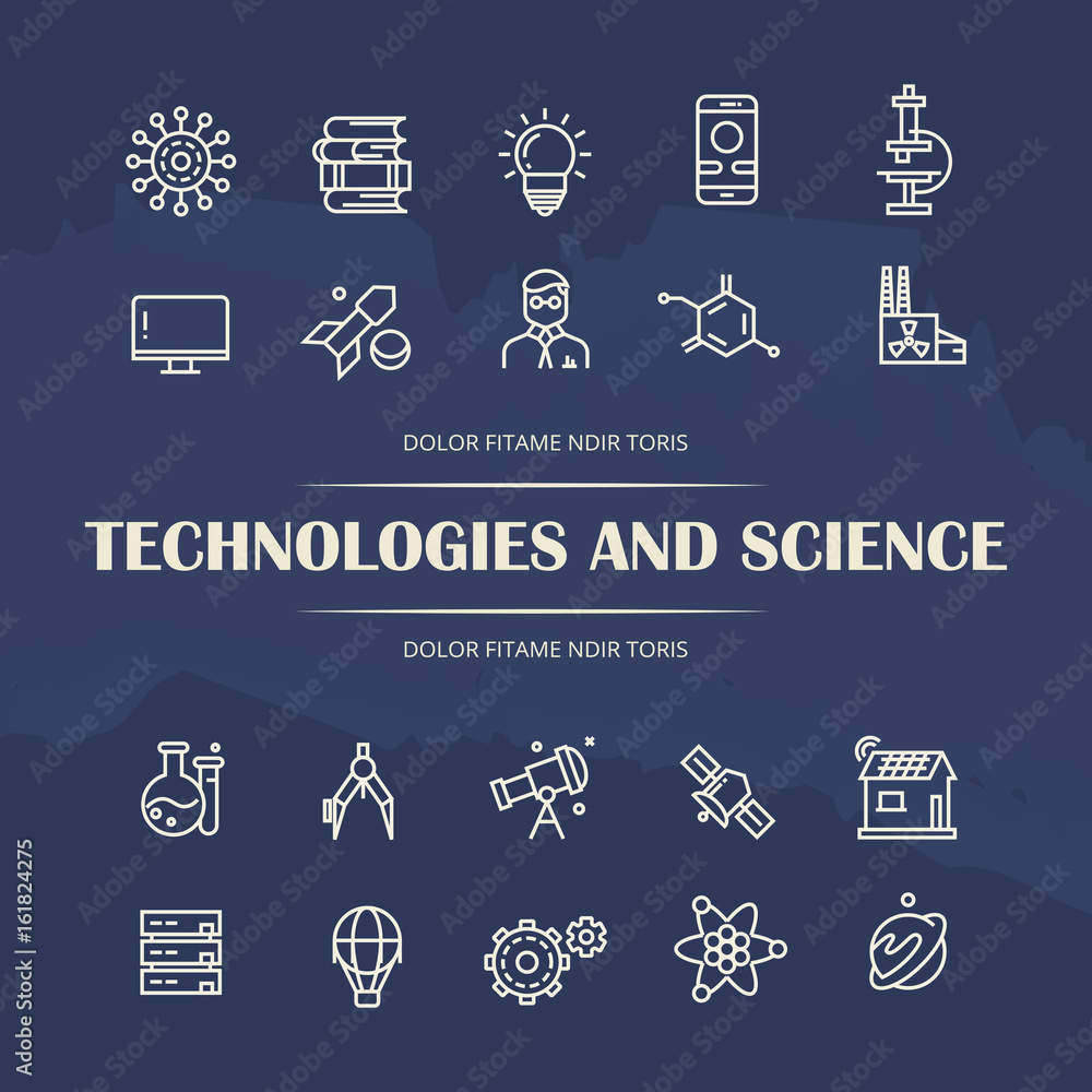 Poster technologies and science line icons set on grunge background