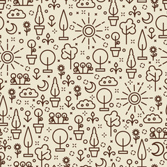 Line art nature seamless pattern - seamless texture with tree, flower