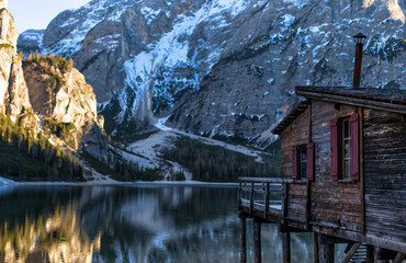 Braies Lake (Italy) - wooden house in the mountains