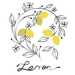 Branch of lemon tree with flowers and leaves. Vector Illustration