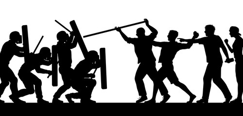 Mob fighting police silhouette