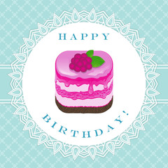 raspberry cake with congratulations to happy birthday on a blue background