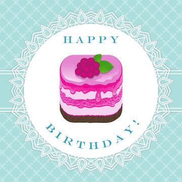 raspberry cake with congratulations to happy birthday on a blue background