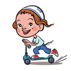 Cool vector concept illustration on little jewish boy having fun outside. Happy small jewish boy riding kick scooters outdoors.