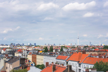 Fototapeta na wymiar large panoramic view of the famous tv tower Fernsehturm in berlin