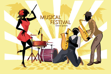 Series of musical backgrounds with musicians and dancers. Jazz poster. Hand drawn vector.
