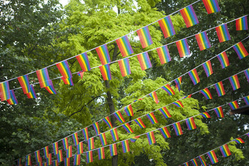 Rainbow flags in the garden during the gay pride