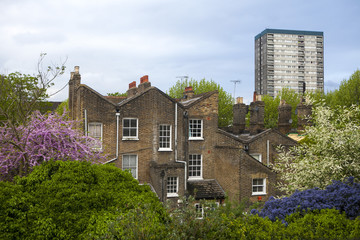 the Council housing block in East London at Burr Close in Wapping, London, UK. Many people are at risk of losing their homes in Lond