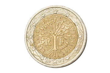 French coin of two euro closeup with tree symbol with the motto Liberte Egalite Fraternite of France. Isolated on white studio background.