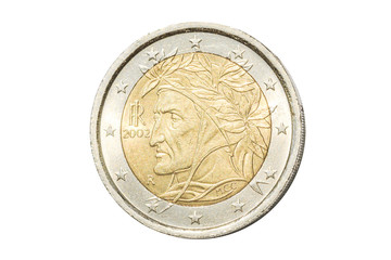 Italian coin of two euro closeup with symbol: famous poet Dante Alighieri from Florence in Italy....