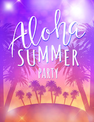 Aloha summer party. Vector template for party invitation, poster. Summer poster with palm and lettering