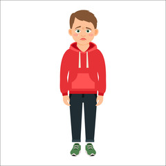 Disappointed little boy in red hoodie