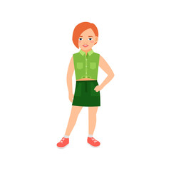 Happy redhead girl in green suit