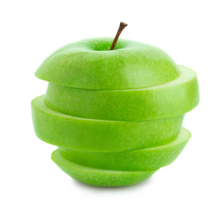 sliced green apple isolated on white background
