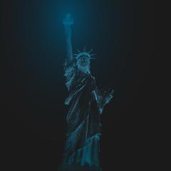 Fototapeta premium Statue of Liberty, New York, USA. Halftone illustration dots. Blue led light futuristic design on dark background.