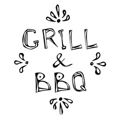 BBQ and Grill Decorative Meat Lettering. Realistic Doodle Cartoon Style Hand Drawn Sketch Vector Illustration.Isolated On a White Background.