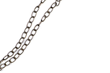 Metal chain of a pendant on white background.