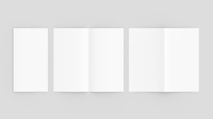 Bi fold brochure mock up isolated on soft gray background. 3D illustrating.