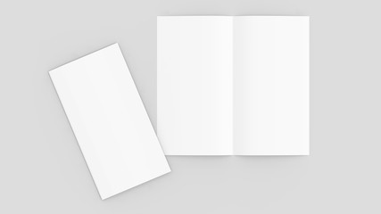 Bi fold brochure mock up isolated on soft gray background. 3D illustrating.