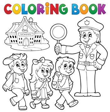 Coloring book pupils and policeman