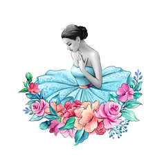 watercolor illustration, ballerina portrait isolated on white background, floral decor, young lady...