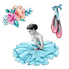 watercolor illustration, ballerina in blue dress, flowers, shoes, vintage fashion accessories...