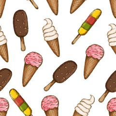 Vector hand drawn ice cream seamless pattern.Colorful  ice cream background. Summer cold dessert