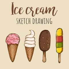 Vector hand drawn ice cream. Sketch drawing. Summer cold dessert