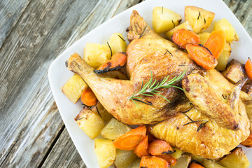 Pollo arrosto con contorno di patate e carote al forno