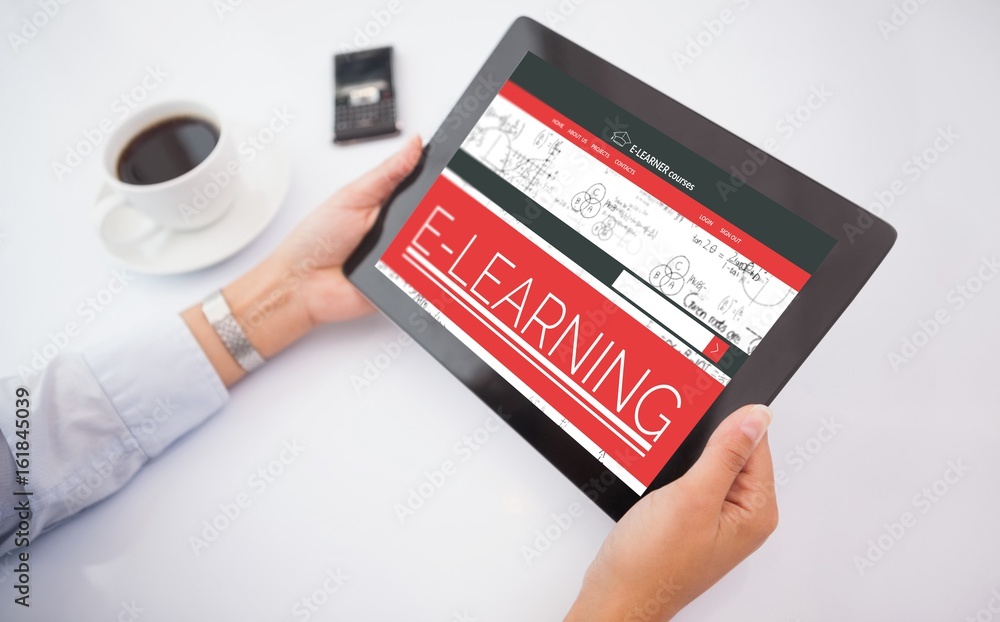 Poster composite 3d image of man using tablet pc