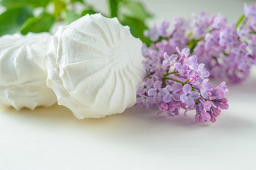 Obraz na płótnie Canvas White marshmallow and a twig of lilac on a white background. Fresh spring still life