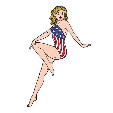 Portrait of sexy blonde American girl in swimsuit of the American flag, drawn by hand vector illustration in pop art style