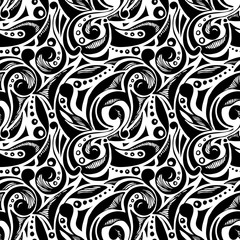 Seamless abstract pattern. Seamless pattern from hand-drawn objects. Seamless pattern from doodles. Black and white. Use as a background for packaging, postcards, wallpaper, prints on fabric, etc.