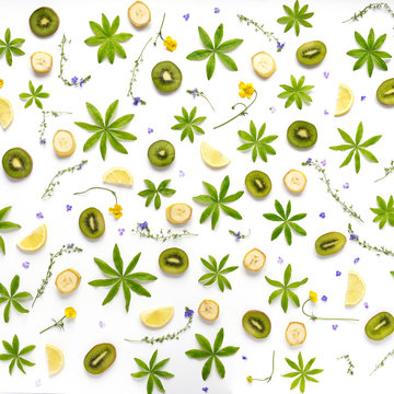 Fruit pattern. Plants and fruits on a white background. Slices of kiwi and lemon with green leaves. Top view. Floral abstract background.