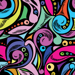Seamless abstract pattern. Colorful seamless pattern from hand-drawn objects. Seamless pattern from doodles. Use as a background for packaging, postcards, wallpaper, prints on fabric, etc.