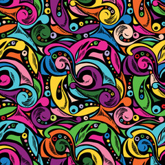 Seamless abstract pattern. Colorful seamless pattern from hand-drawn objects. Seamless pattern from doodles. Use as a background for packaging, postcards, wallpaper, prints on fabric, etc.