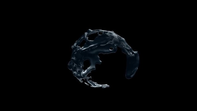 Water flows with splashes around sphere with attraction to its center, slow motion (with alpha channel). Good effect for ids, packshots. Separated on pure black background.