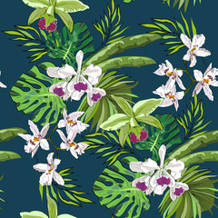 Seamless vector pattern of hand drawn flowers and leaves. Tropical background.