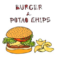 Big Hamburger or Cheeseburger, Beer Mug or Pint and Potato Chips. Burger Logo. Isolated On a White Background. Realistic Doodle Cartoon Style Hand Drawn Sketch Vector Illustration.